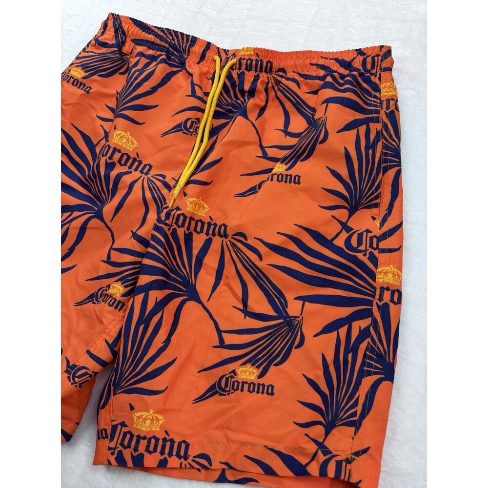 Corona Extra Beer Swim Trunks Men's Med Orange AOP Logo Mesh Lined EUC